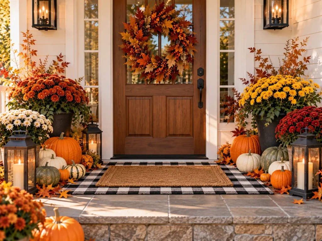 Fall Doormat Layered on a Rug - fall front porch decor ideas