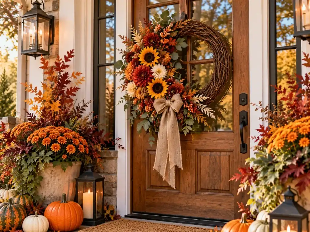 Grapevine Wreath with Fall Florals - fall front porch decor ideas