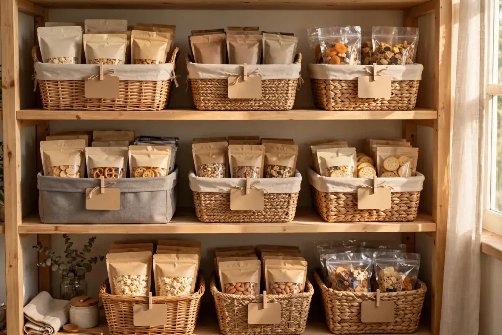 Labeled Baskets for Snacks - pantry organization ideas