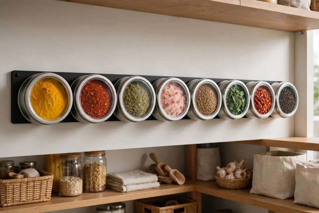 Magnetic Spice Tins on the Wall - pantry organization ideas
