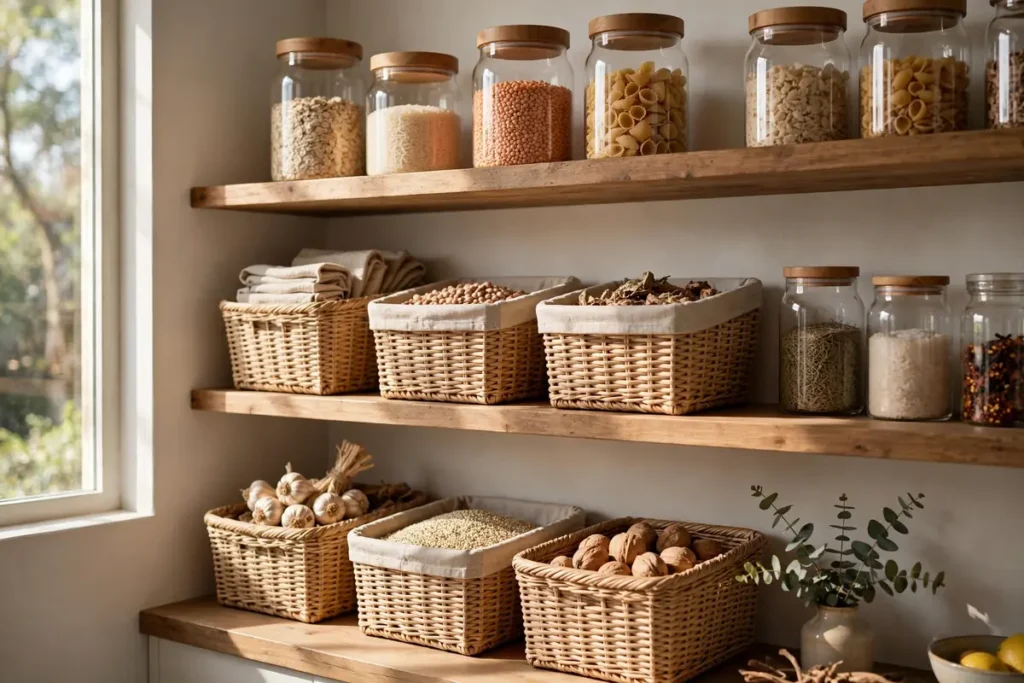 Open Shelving with Matching Baskets - pantry organization ideas