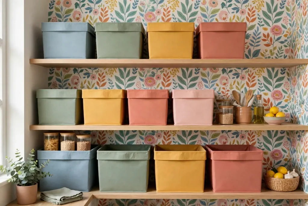 Colorful Pantry Backdrop with Wallpaper - pantry organization ideas