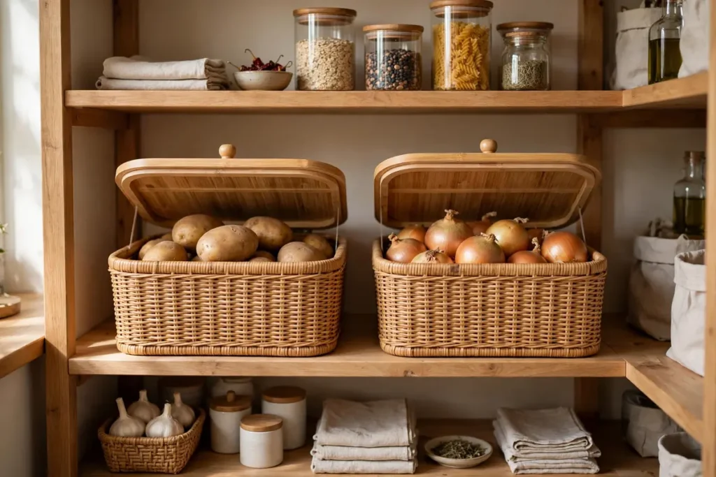 Lidded Bins for Potatoes and Onions - pantry organization ideas