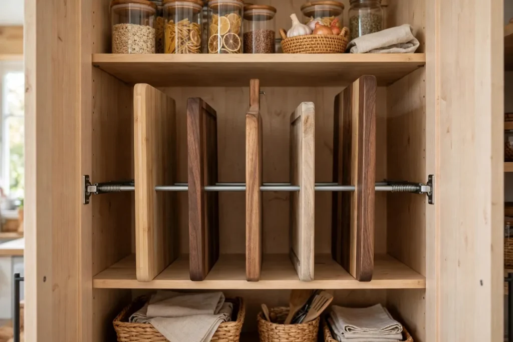 Tension Rod Shelf for Cutting Boards - pantry organization ideas