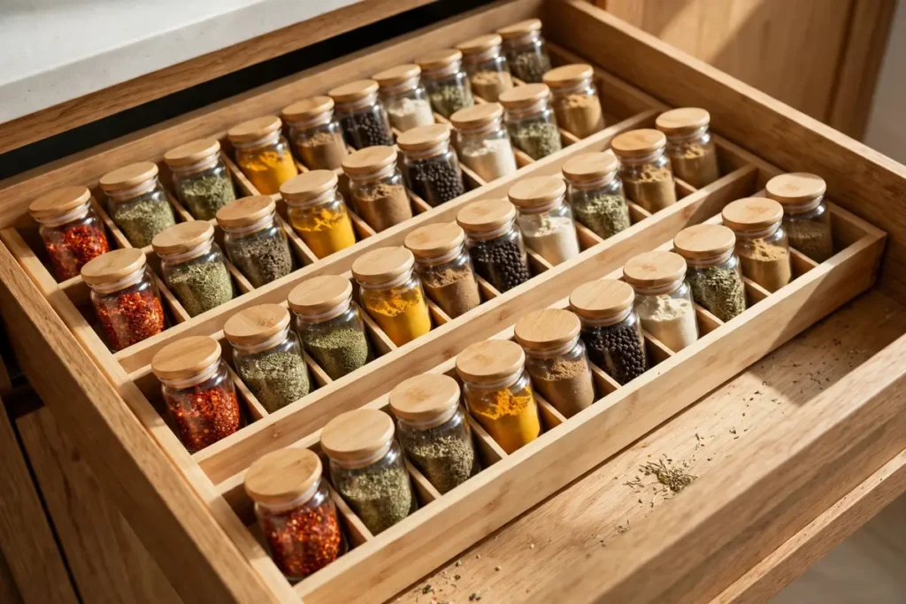 Slim Spice Drawer Inserts - pantry organization ideas