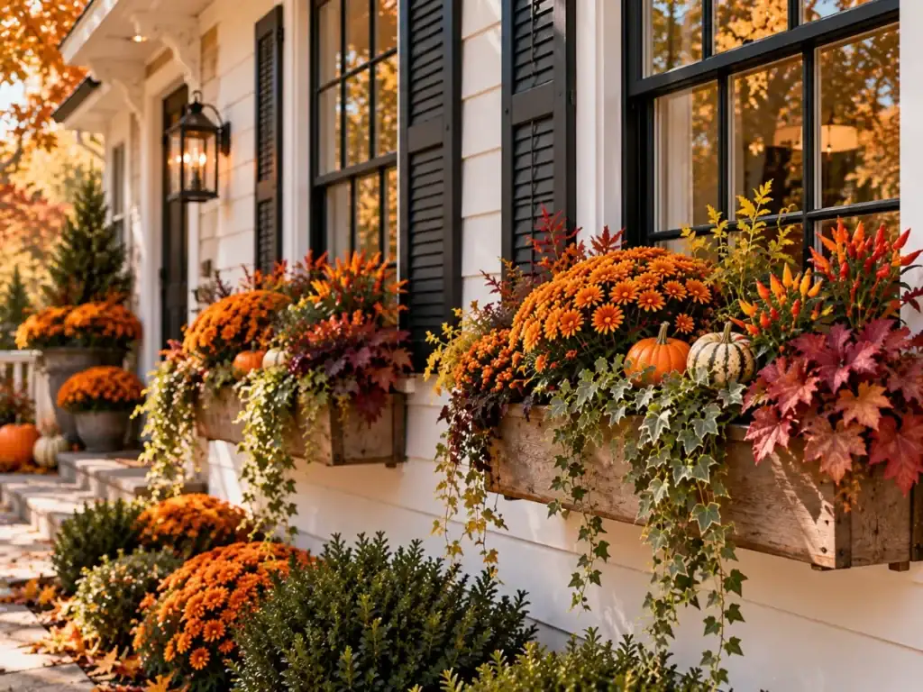 Fall Window Box Planters - fall front porch decor ideas