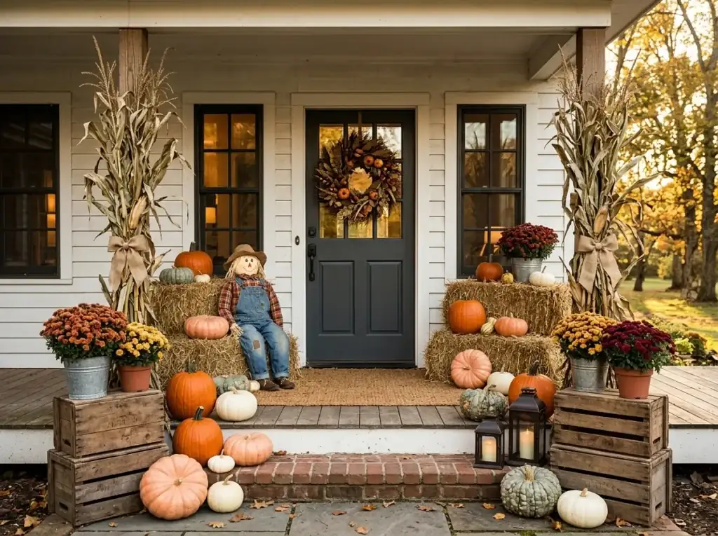Rustic Hay Bale Entry - halloween front door decor ideas