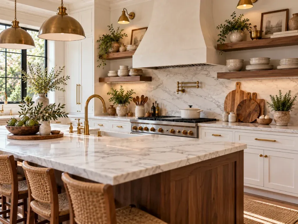 Marble Countertops with Wood Accents - modern farmhouse kitchen ideas