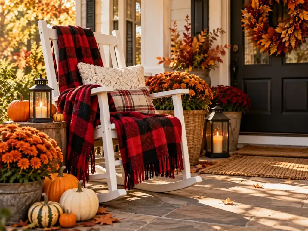 Plaid Blanket on a Porch Chair - fall front porch decor ideas