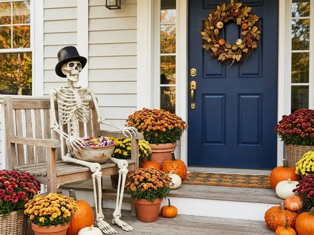 Skeleton Greeter on the Porch - halloween front door decor ideas