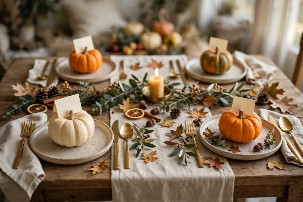 Mini Pumpkins as Place Card Holders - budget thanksgiving table ideas