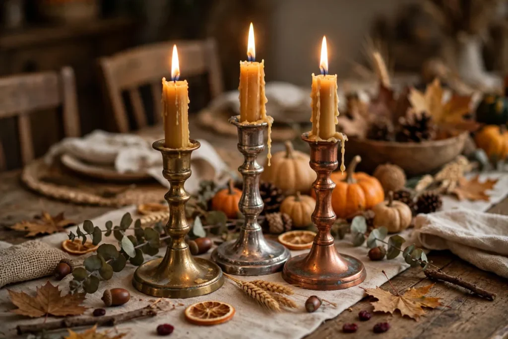 Thrifted Candlesticks in Mixed Metals - budget thanksgiving table ideas