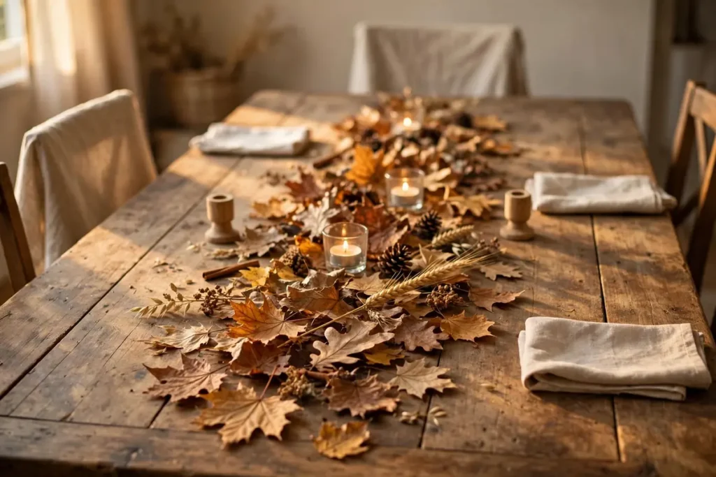 Dried Leaves Scattered Down the Center - budget thanksgiving table ideas