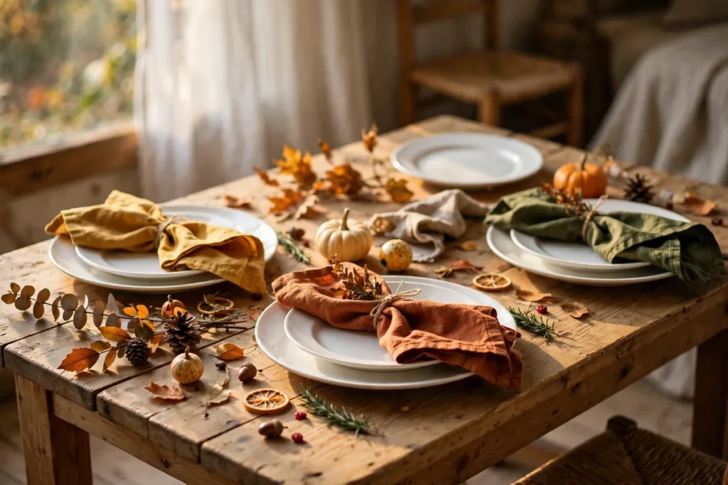 White Dinnerware with Colorful Accents - budget thanksgiving table ideas