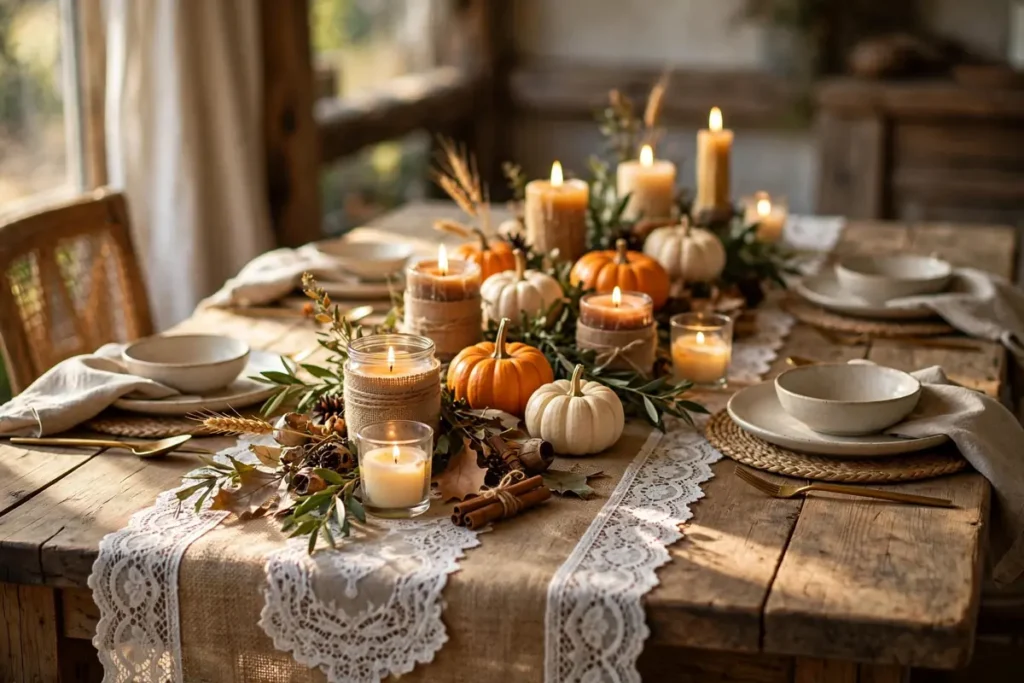 Burlap and Lace Table Runner Combo - budget thanksgiving table ideas