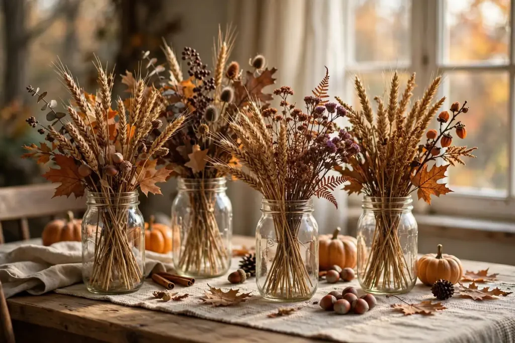 Mason Jar Vases with Fall Stems - budget thanksgiving table ideas