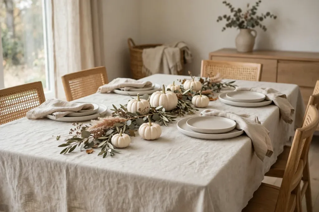Neutral Linen Tablescape - budget thanksgiving table ideas
