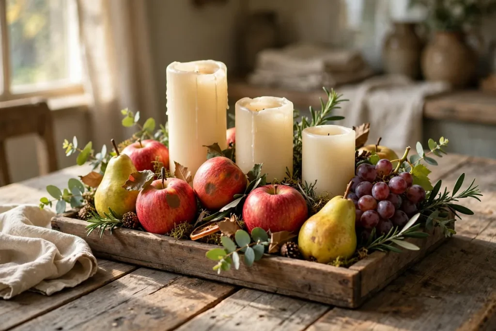 Fruit and Candle Tray - budget thanksgiving table ideas