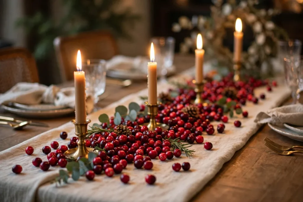 Cranberry and Candle Centerpiece - budget thanksgiving table ideas