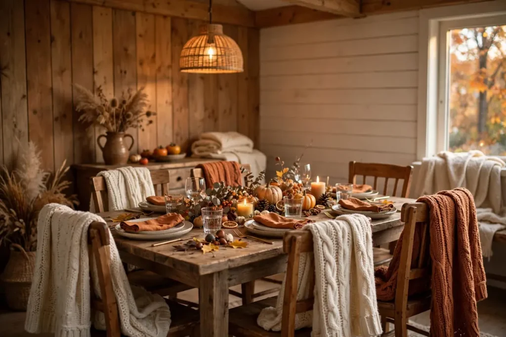 Cozy Blankets Draped on Chair Backs - budget thanksgiving table ideas