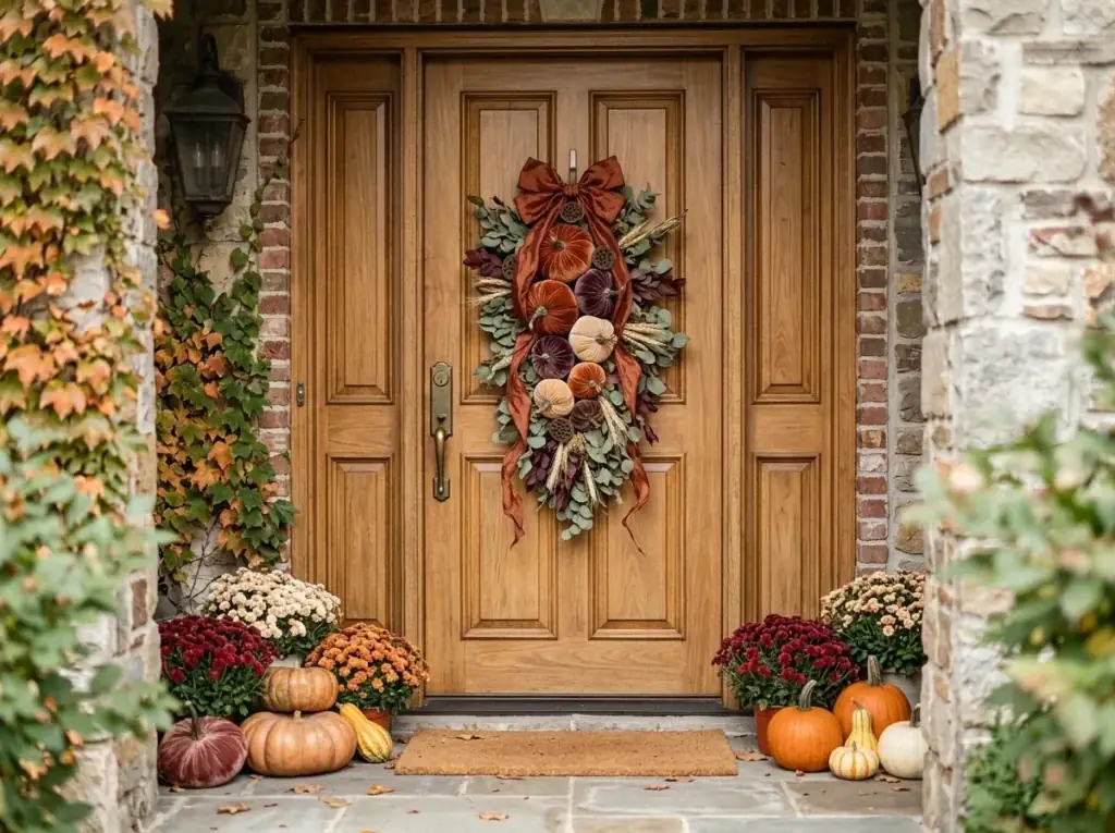 Velvet Pumpkin Door Swag - halloween front door decor ideas