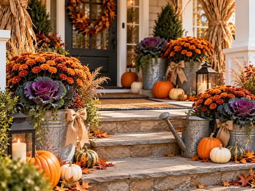 Galvanized Bucket Planters - fall front porch decor ideas