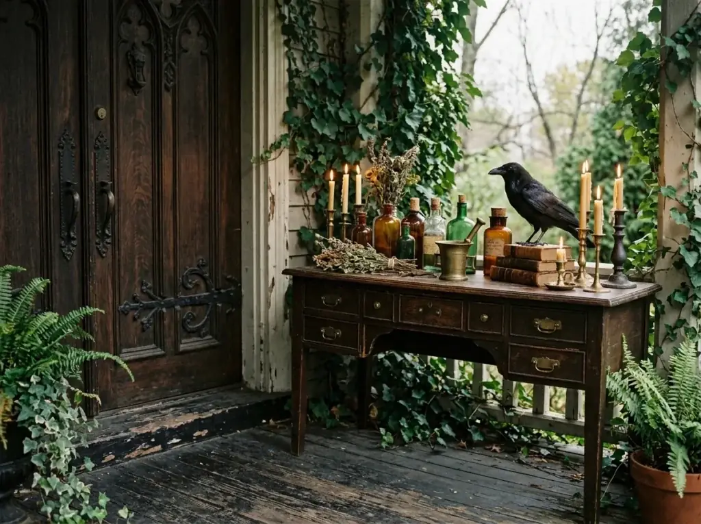 Vintage Apothecary Porch - halloween front door decor ideas