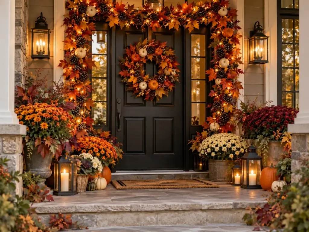 Fall Garland Around the Door - fall front porch decor ideas