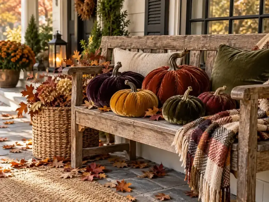 Velvet Pumpkins in Rich Tones - fall front porch decor ideas