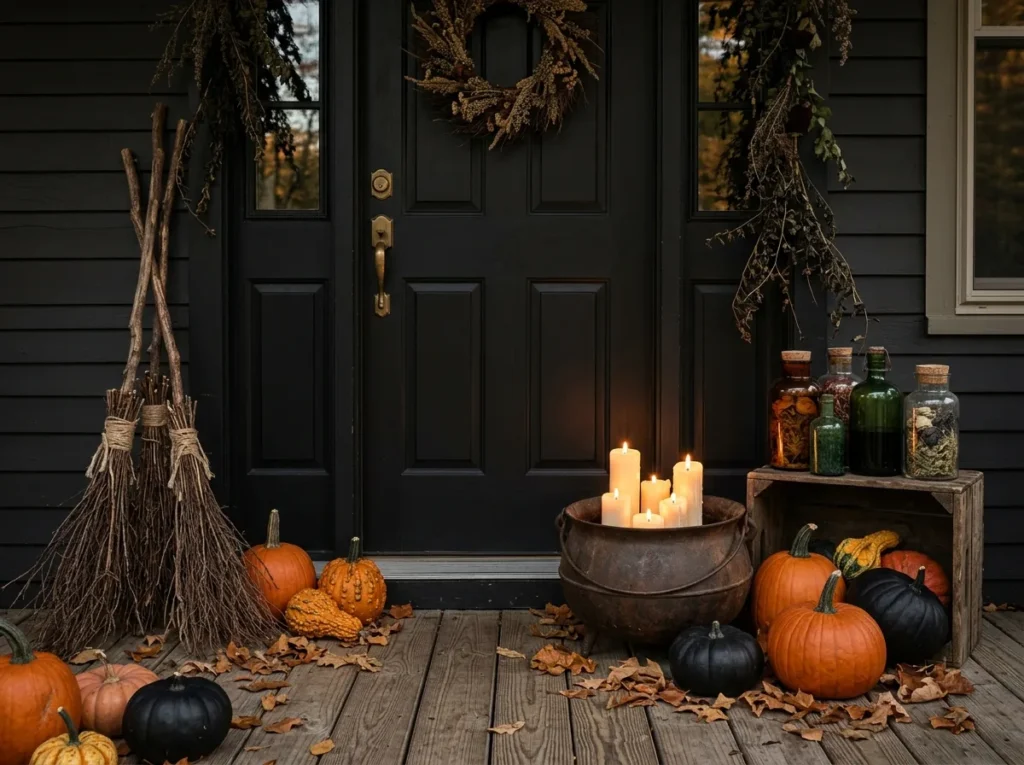 Witch Brooms by the Door - halloween front door decor ideas